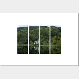 Wonderful landscapes in Norway. Vest-Agder. Beautiful scenery of whtite Gyland church reflecting in the lake. Mountains, road and trees in the background Posters and Art